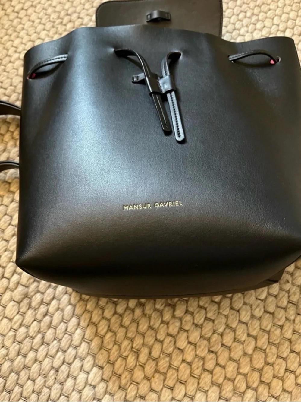 Mansur Gavriel Black Smooth Leather Backpack with Subtle Red Trim